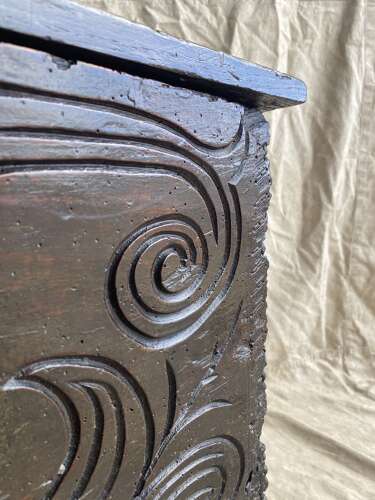 An English antique 17th century six plank oak boarded chest dated 1677