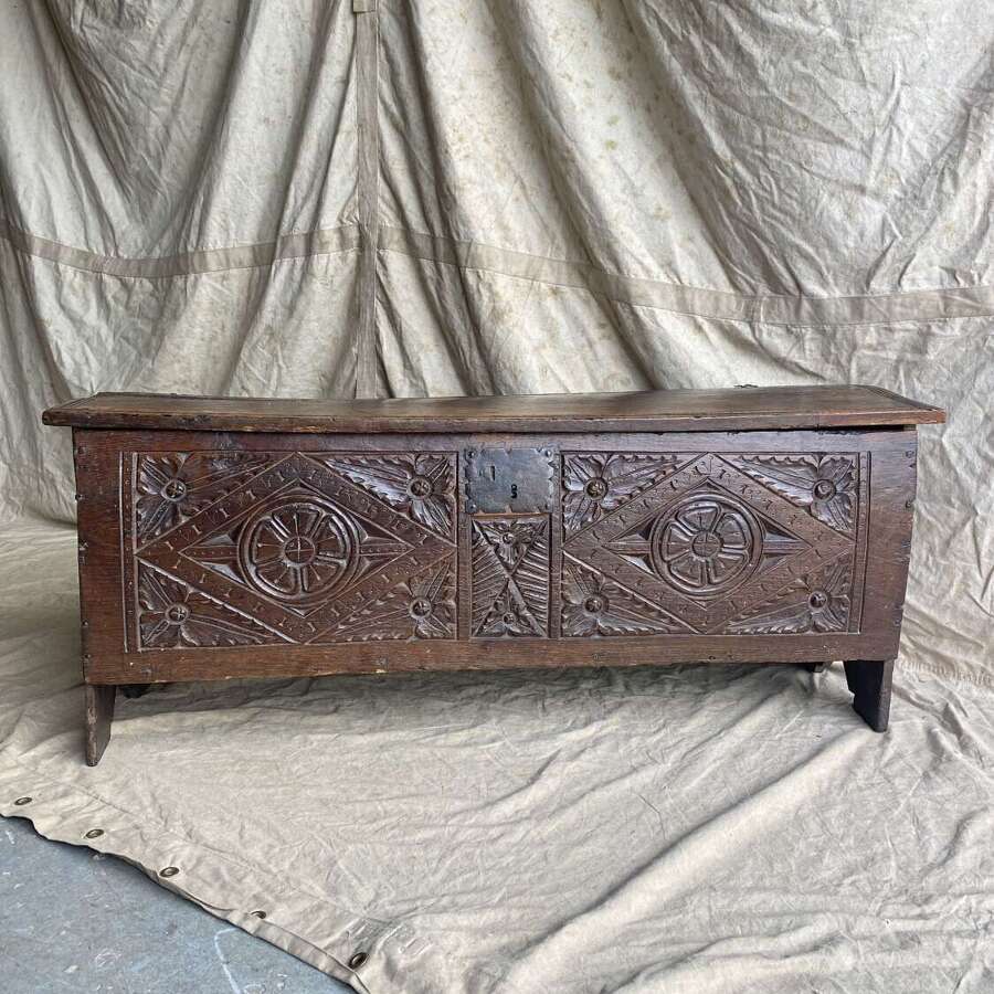 An English 17th century King Charles II antique six plank oak boarded chest