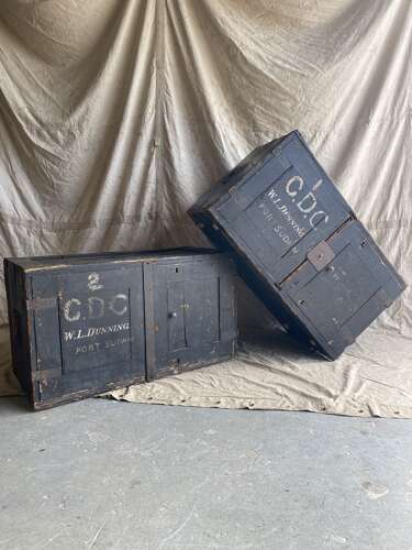 An interesting pair of late 19th century antique pine campaign packing case cupboards