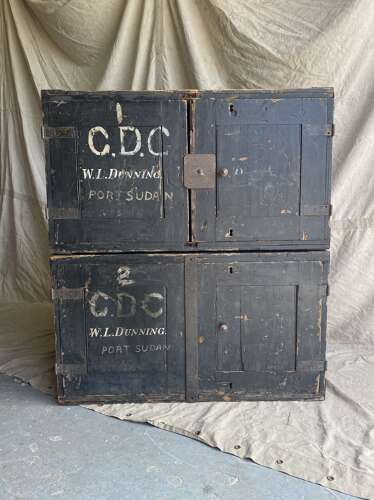An interesting pair of late 19th century antique pine campaign packing case cupboards
