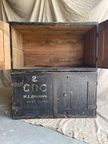 An interesting pair of late 19th century antique pine campaign packing case cupboards