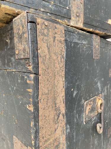 An interesting pair of late 19th century antique pine campaign packing case cupboards