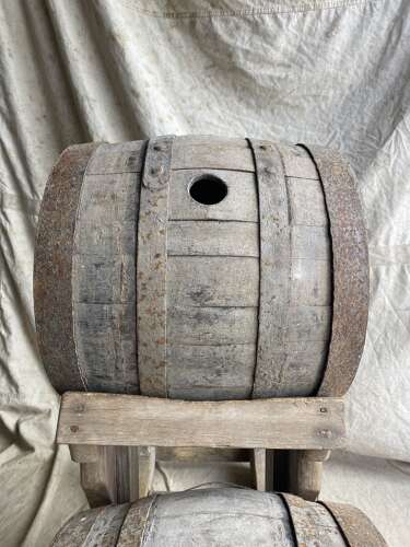 An antique rare Scottish 19th century pine whisky barrel stand with oak barrels