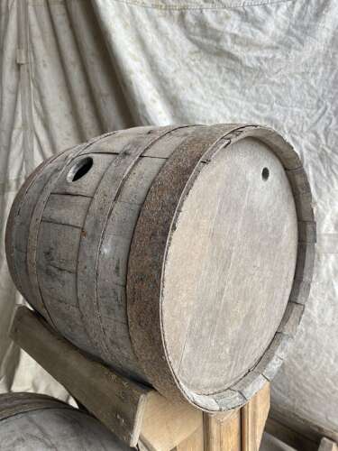 An antique rare Scottish 19th century pine whisky barrel stand with oak barrels