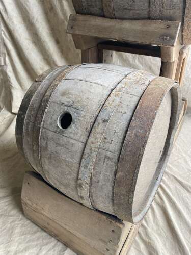 An antique rare Scottish 19th century pine whisky barrel stand with oak barrels