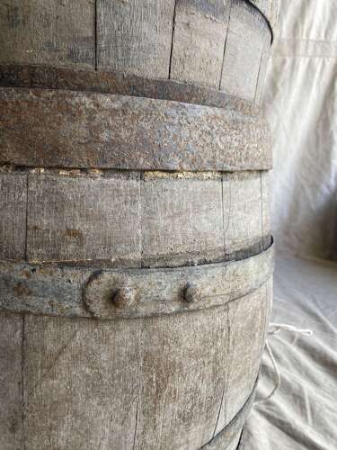 An antique rare Scottish 19th century pine whisky barrel stand with oak barrels