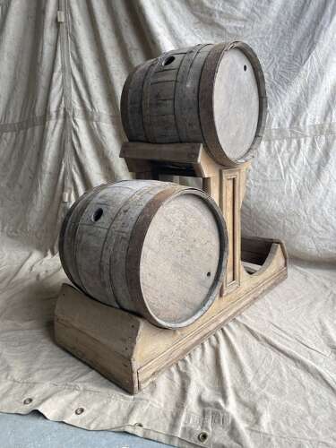 An antique rare Scottish 19th century pine whisky barrel stand with oak barrels