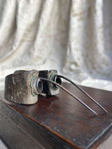 A rare cased set of antique early 19th century cock fighting spurs
