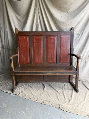 A Georgian Welsh antique elm and pine settle in original painted finish