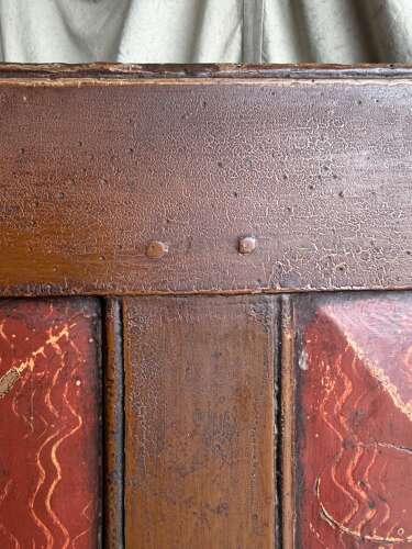 A Georgian Welsh antique elm and pine settle in original painted finish