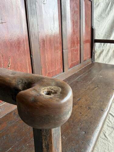 A Georgian Welsh antique elm and pine settle in original painted finish