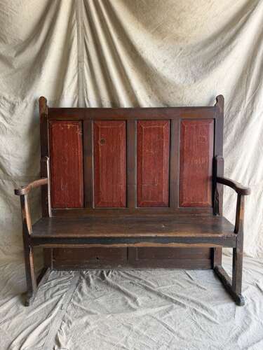 A Georgian Welsh antique elm and pine settle in original painted finish
