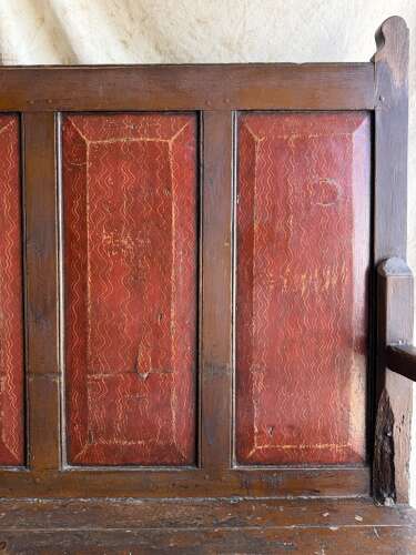 A Georgian Welsh antique elm and pine settle in original painted finish