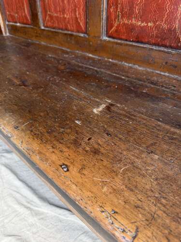 A Georgian Welsh antique elm and pine settle in original painted finish