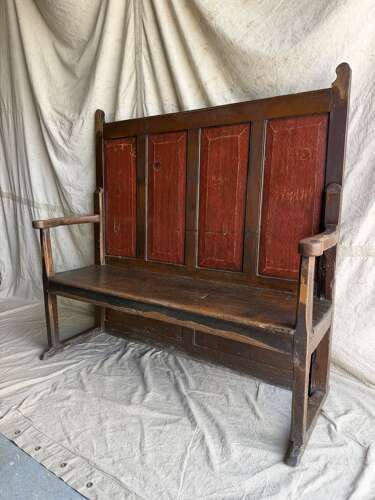 A Georgian Welsh antique elm and pine settle in original painted finish