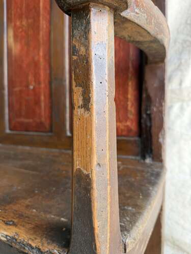 A Georgian Welsh antique elm and pine settle in original painted finish