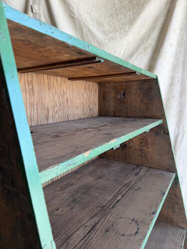 A large WW2 era 1940s vintage heavy duty pine shop display unit