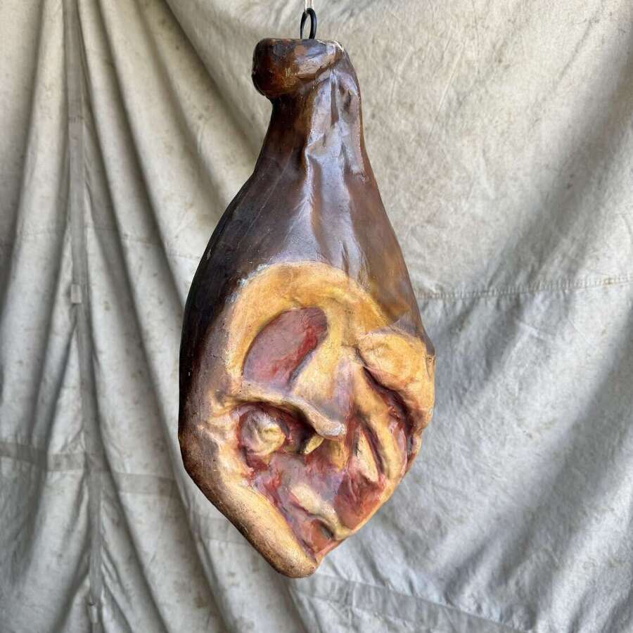 A vintage 1930s hand painted butcher&rsquo;s shop display cured ham leg replica