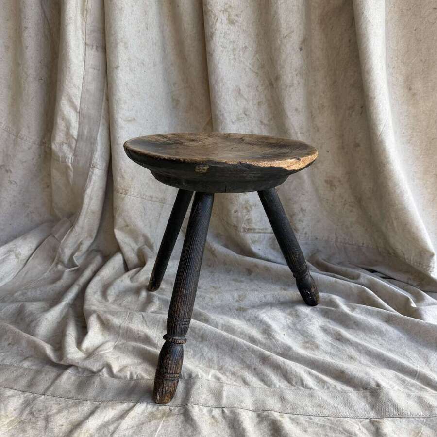 An antique early 20th century Welsh pole lathe turned dairy stool Xmas 1911