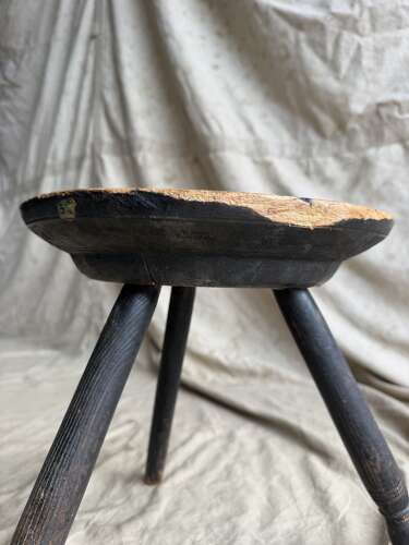 An antique early 20th century Welsh pole lathe turned dairy stool Xmas 1911