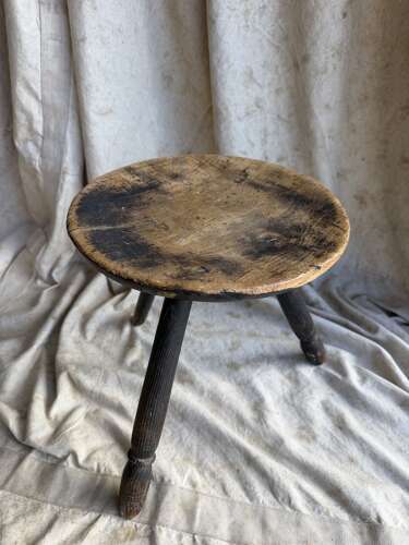 An antique early 20th century Welsh pole lathe turned dairy stool Xmas 1911
