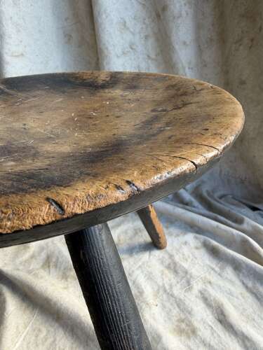 An antique early 20th century Welsh pole lathe turned dairy stool Xmas 1911