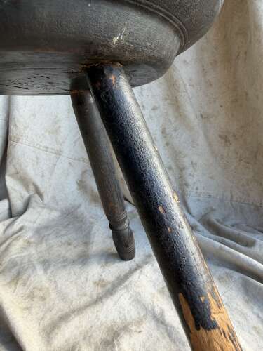 An antique early 20th century Welsh pole lathe turned dairy stool Xmas 1911