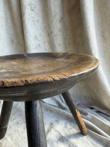 An antique early 20th century Welsh pole lathe turned dairy stool Xmas 1911