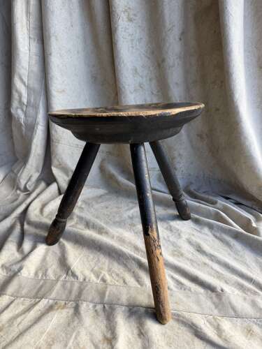An antique early 20th century Welsh pole lathe turned dairy stool Xmas 1911