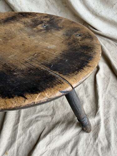 An antique early 20th century Welsh pole lathe turned dairy stool Xmas 1911