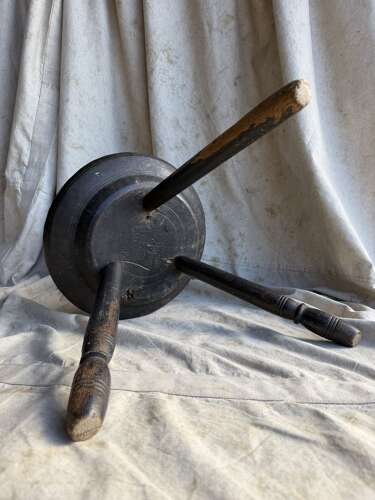 An antique early 20th century Welsh pole lathe turned dairy stool Xmas 1911